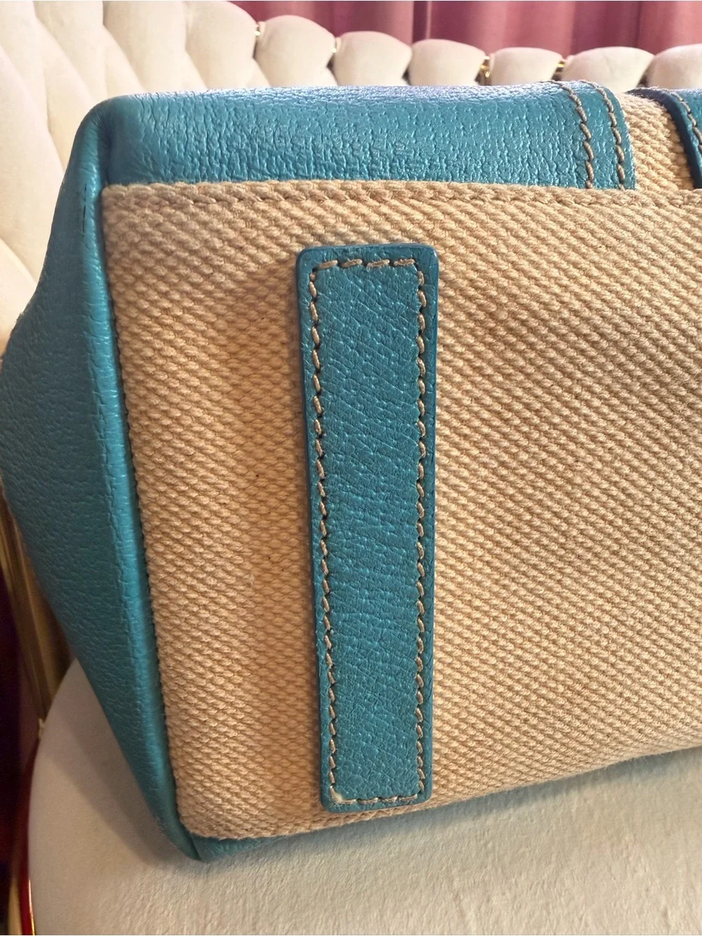 Rare Authentic Prada Canvas Tote Bag in Cream and Turquoise